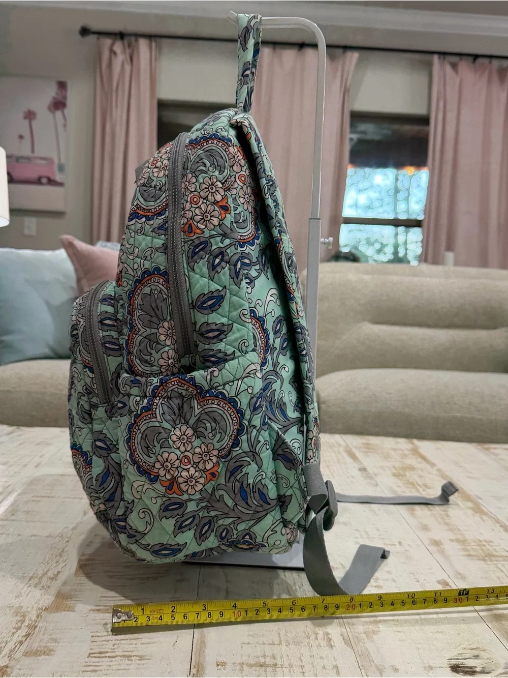 Vera Bradley Mint Green Quilted Floral Backpack Fan Flowers Purse School
